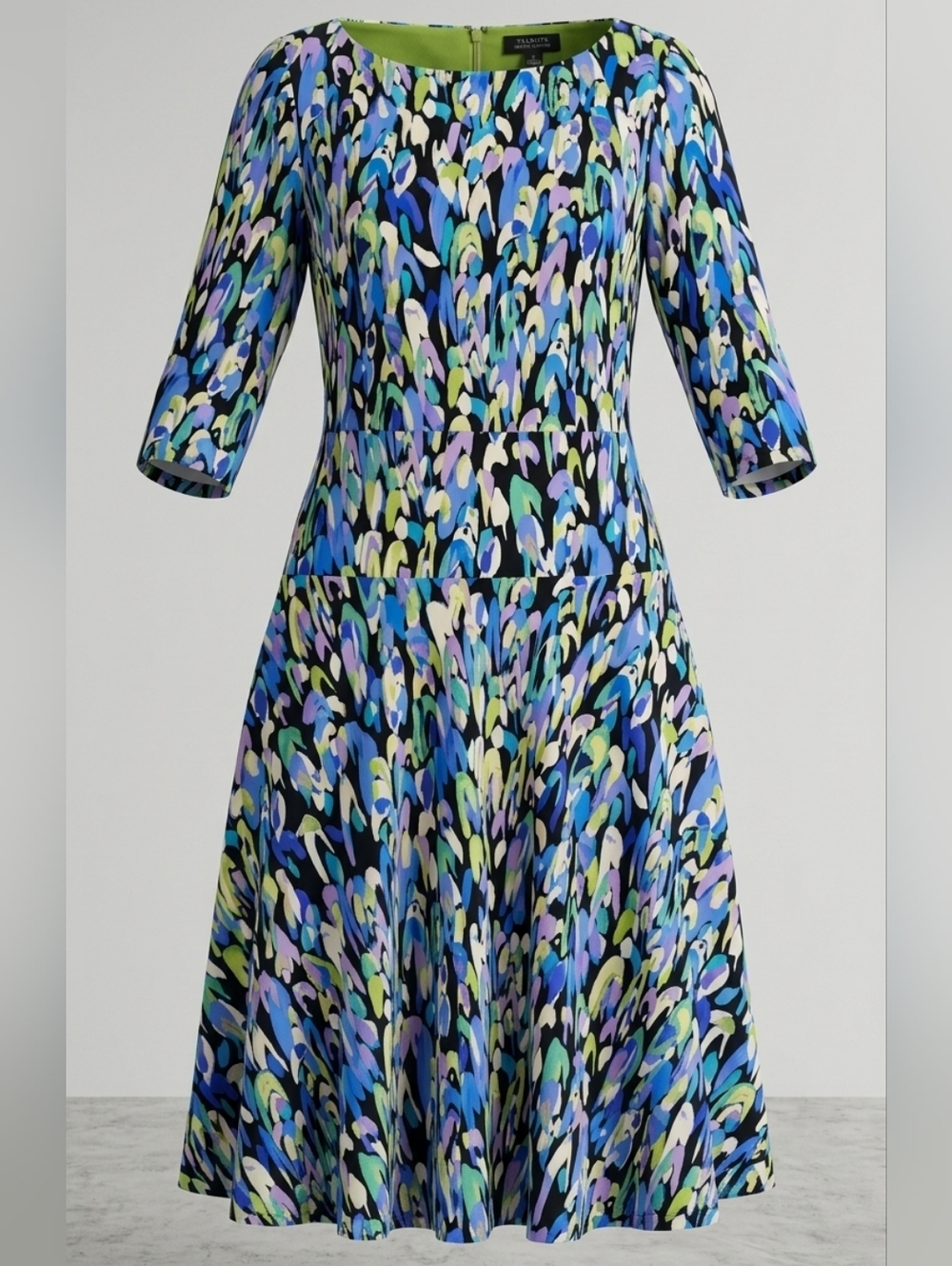 Tahari Arthur S Levine Stretchy Abstract Multicolor Fit & Flare Midi Dress Sz 14